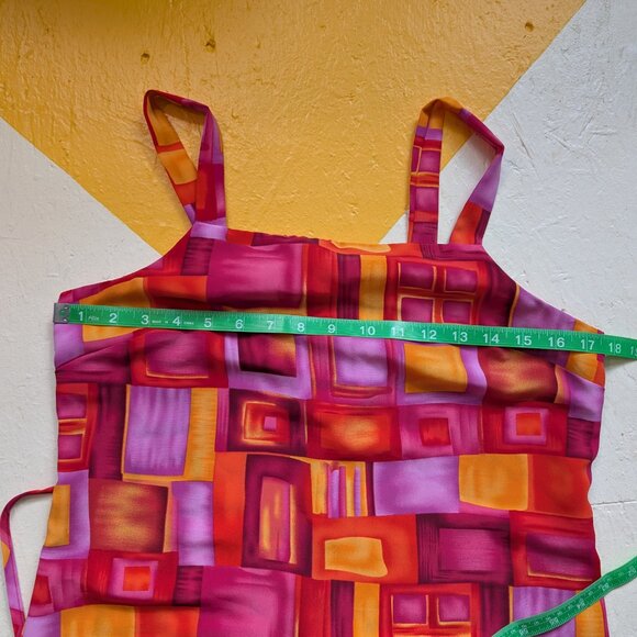 90s Vintage Tickets Mini Dress Windowpane Pink Orange Red Squares Tie Back - Picture 5 of 10